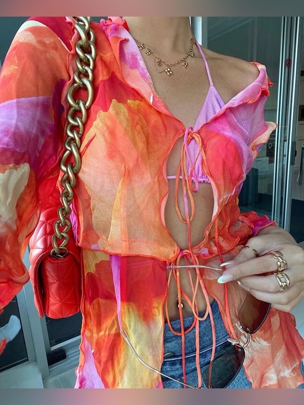 Rat & Boa Multicolor Sheer Tie-Front Blouse - Pink, Orange, Yellow